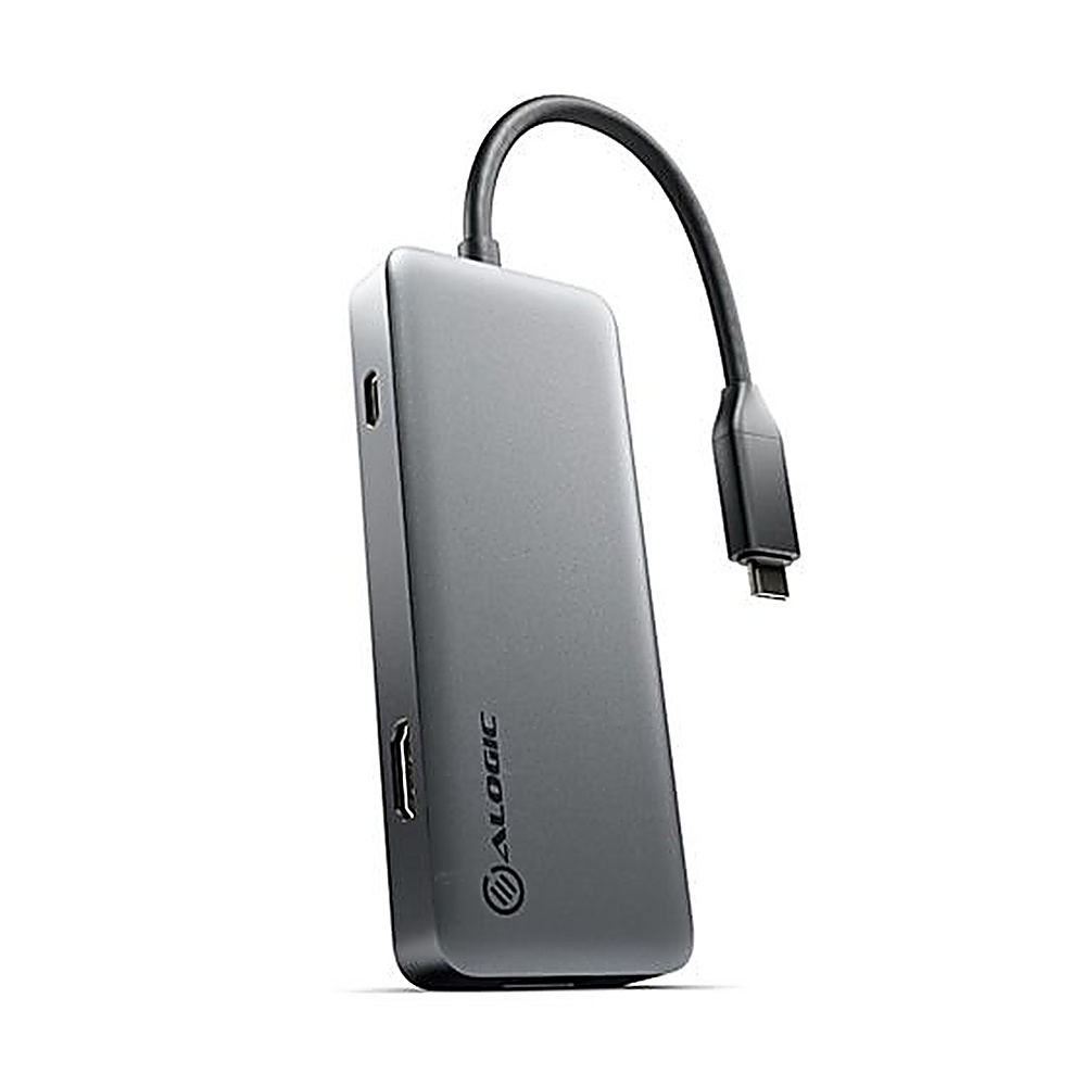 Un hub USB-C ALOGIC grigio con cavo collegato e porte, su sfondo bianco.