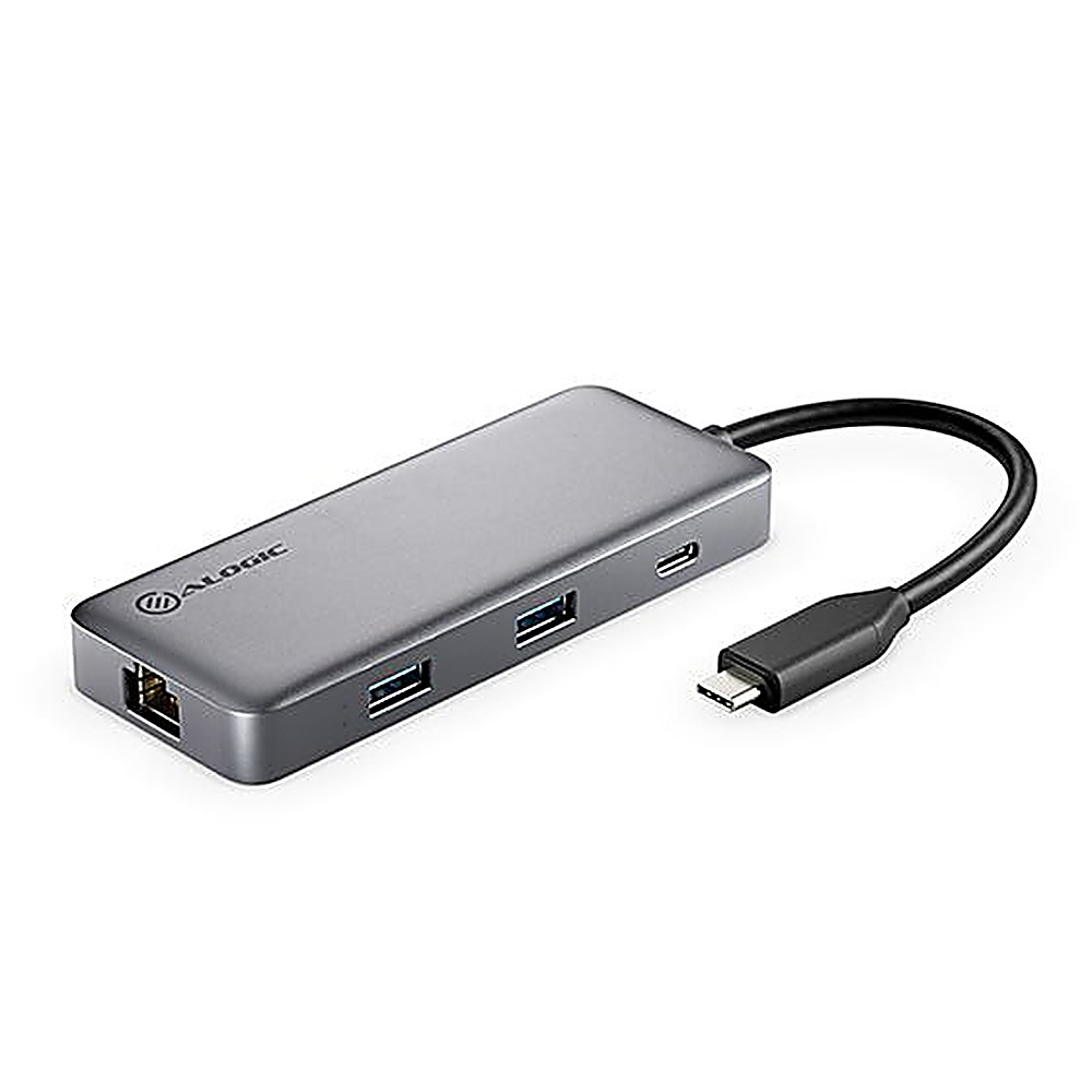 Un hub USB-C ALOGIC grigio con più porte e un cavo nero collegato.