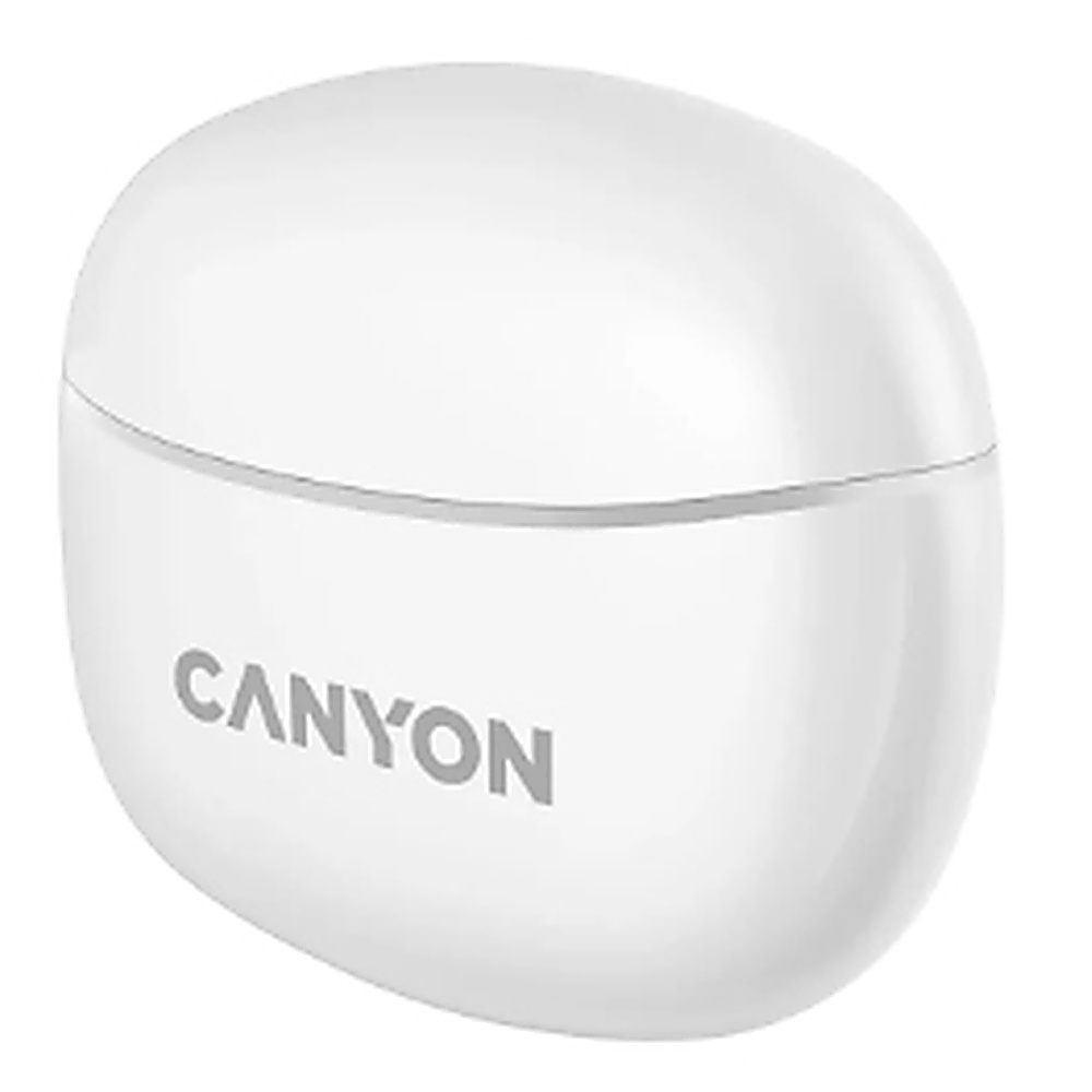 Białe, owalne etui na słuchawki z napisem 'CANYON'.