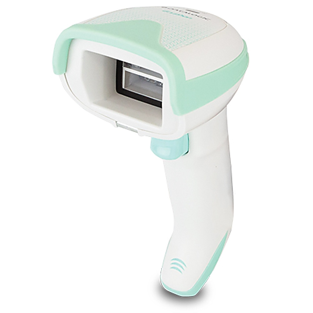 Lettore di codici a barre bianco e verde, marca Datalogic PowerScan, design ergonomico.