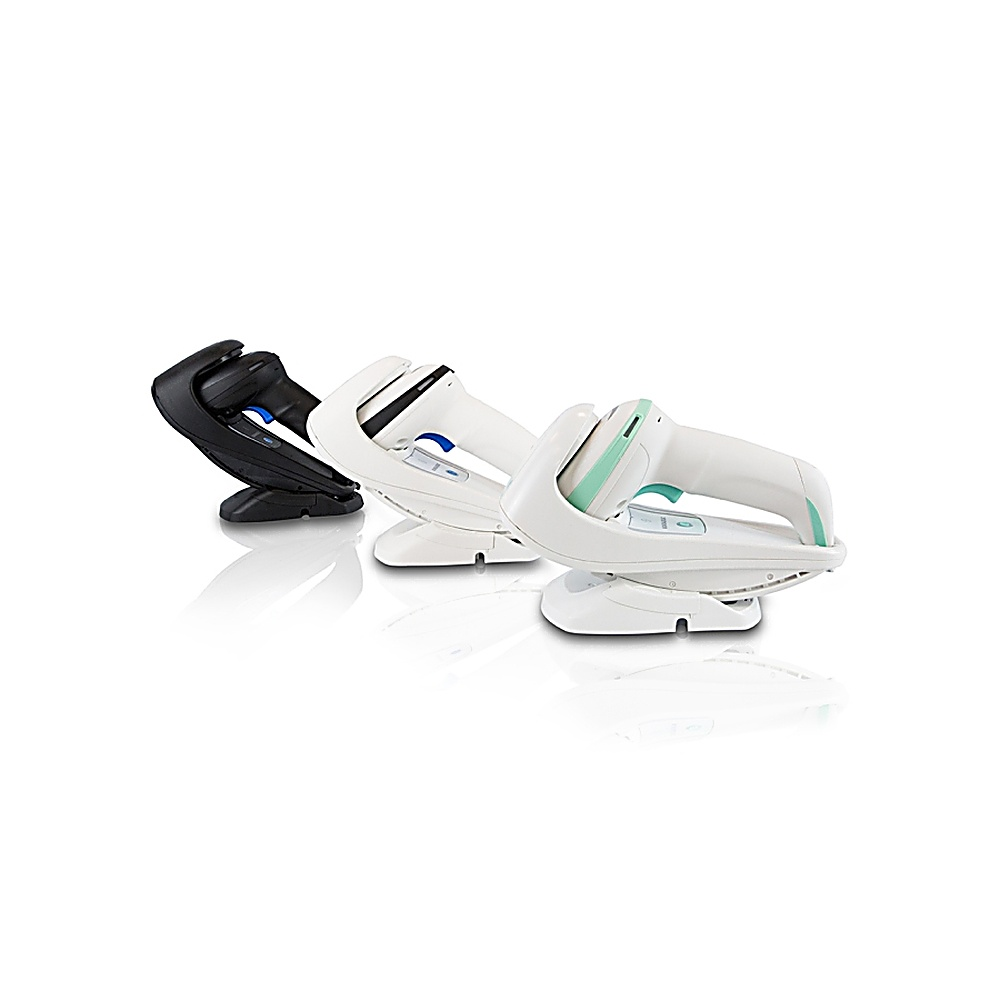 Tre scanner di codici a barre su supporti: nero, bianco e bianco/verde. Tutti sono angolati a destra.