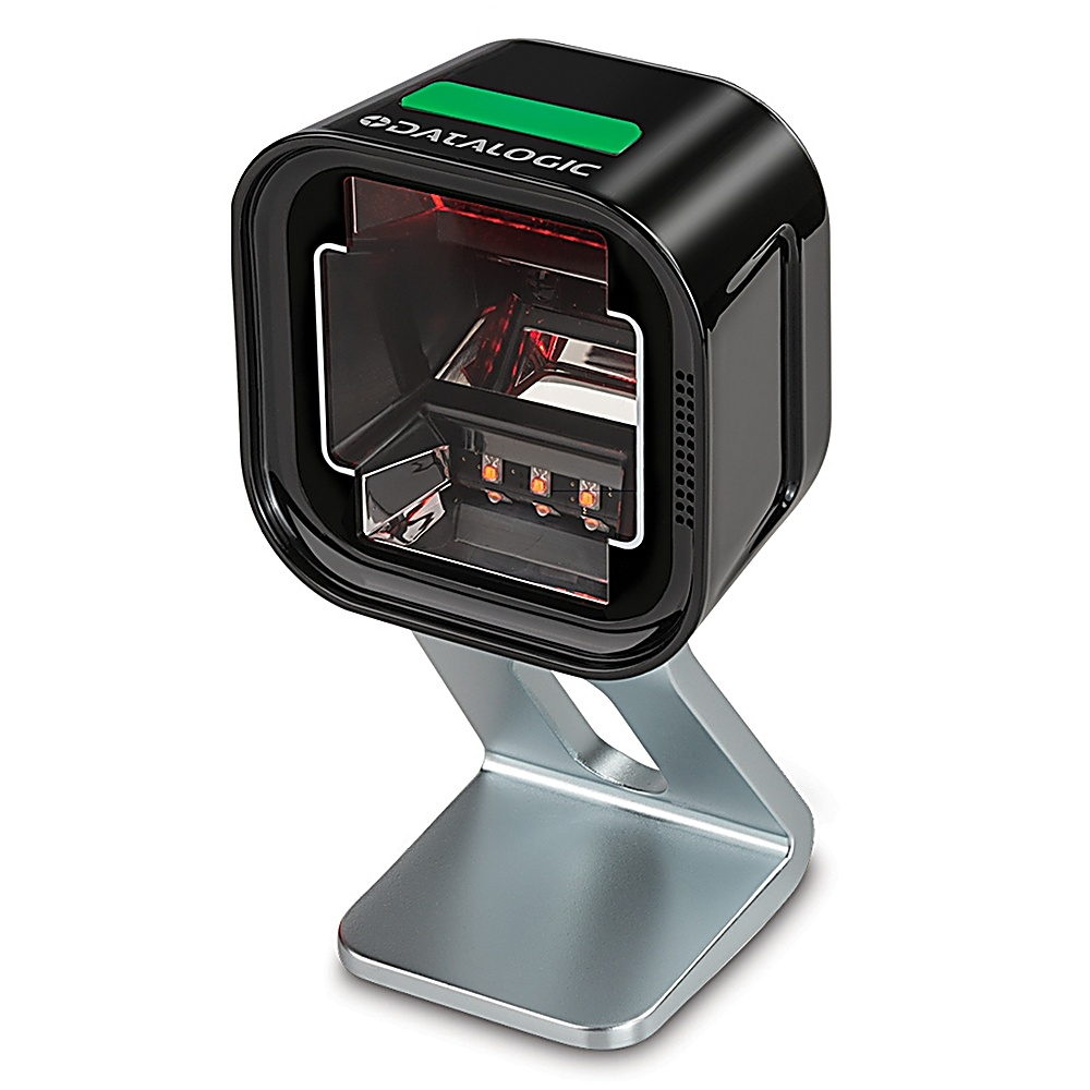 Scanner di codici a barre quadrato nero su un supporto argentato. Lo scanner ha una luce verde e una finestra trasparente.