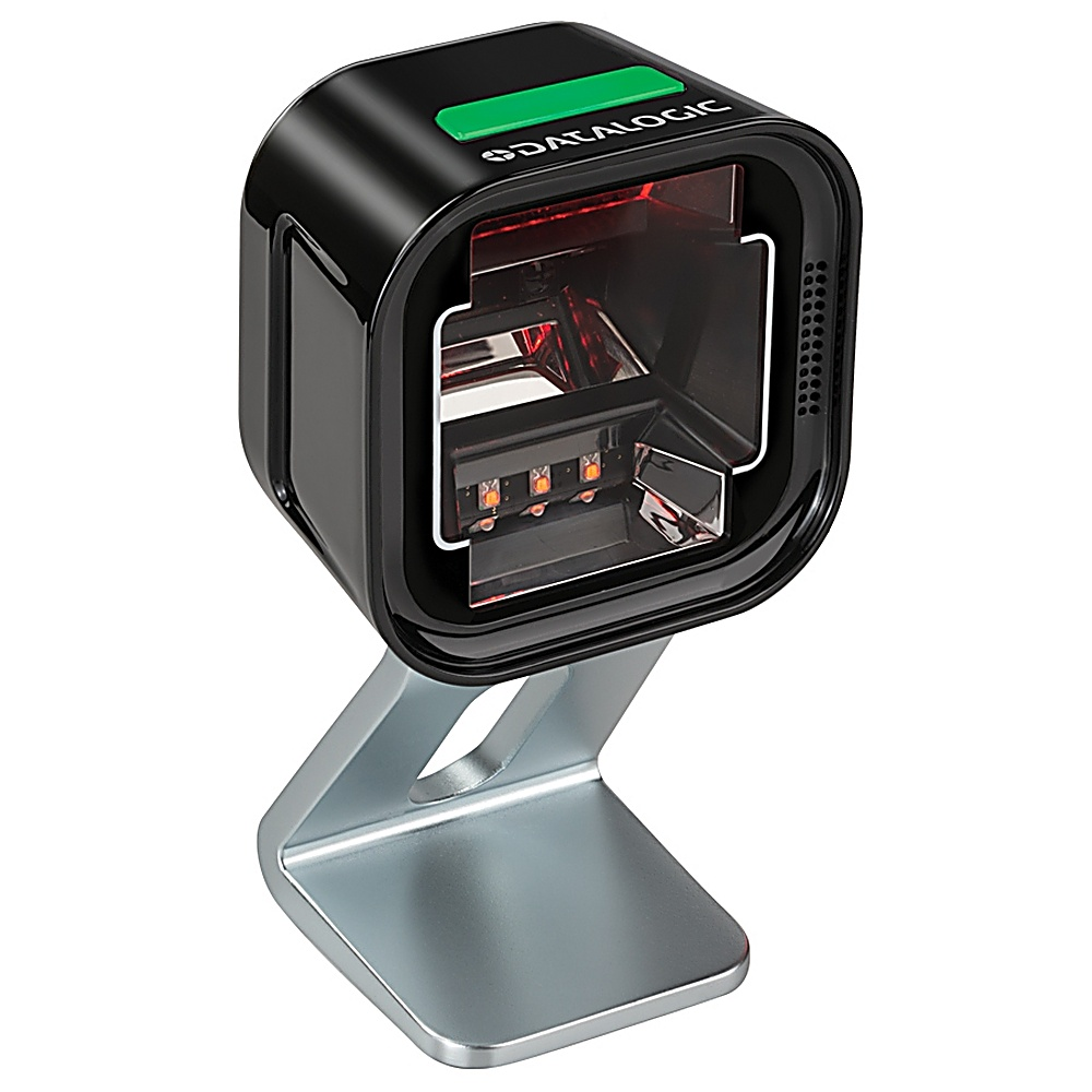 Scanner di codici a barre Datalogic nero, quadrato, su supporto argentato. Luce verde sopra, luce scanner rossa.