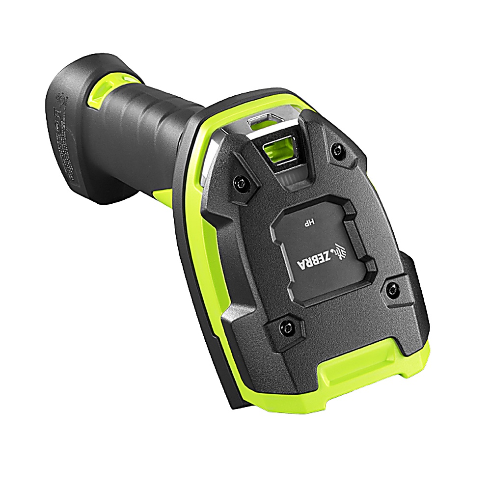 Scanner di codici a barre Zebra portatile. Nero e verde, scatto angolato su sfondo bianco. Logo Zebra visibile.