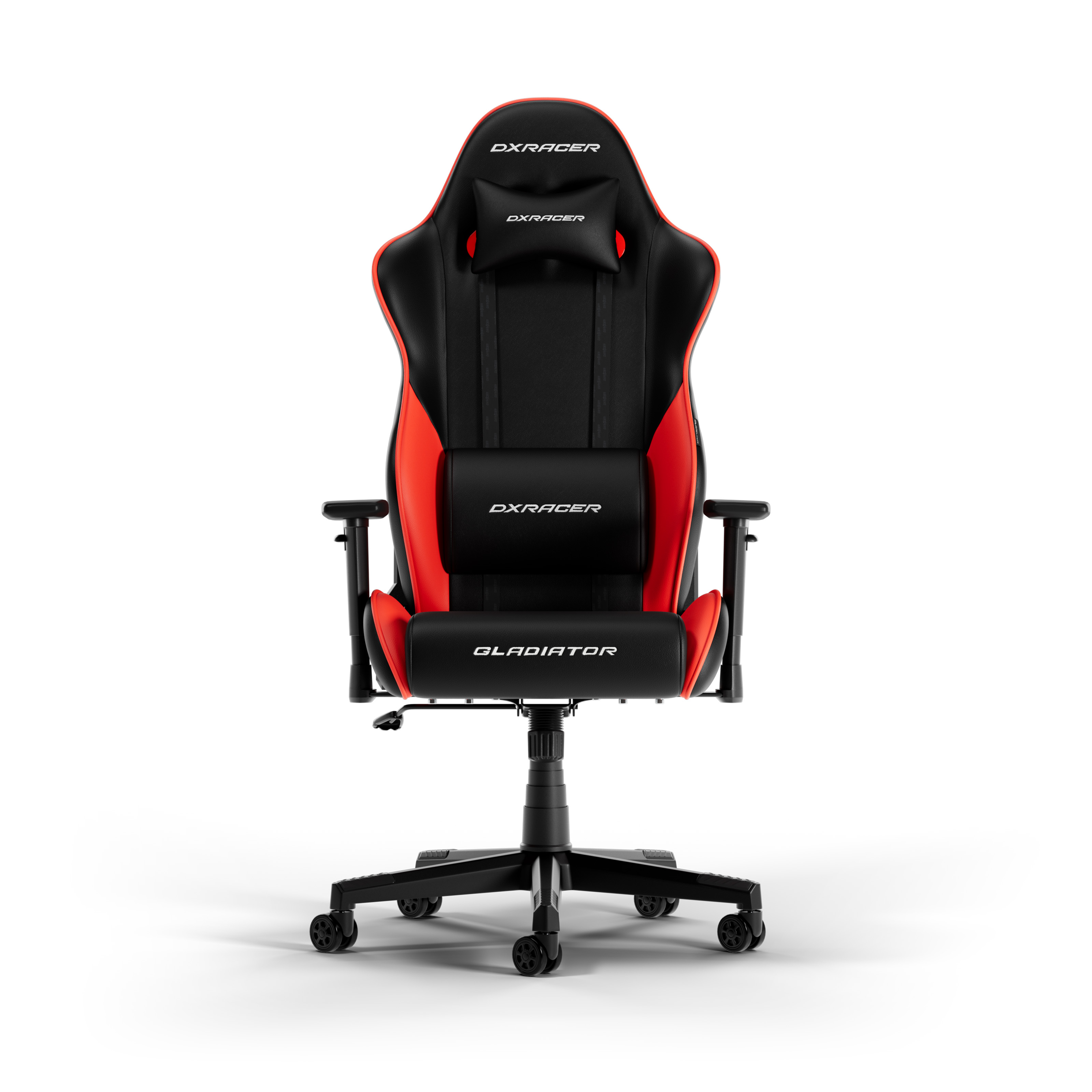 Gaming-Stuhl, schwarz mit roten Akzenten. Hat Kopf- und Lendenkissen, und der Markenname ist sichtbar.