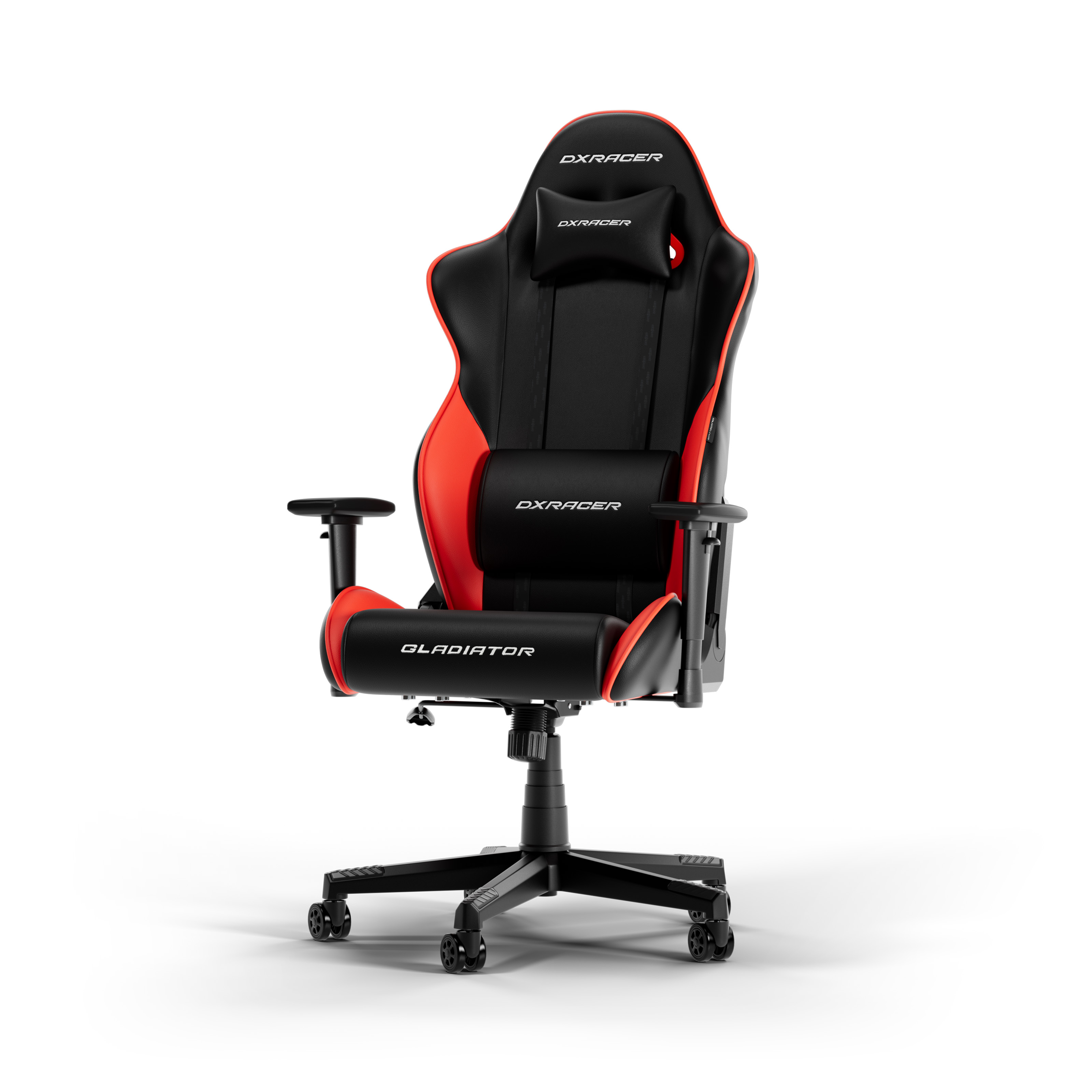 Schwarzer und roter Gaming-Stuhl mit Kopfstütze, Lendenwirbelstütze und Armlehnen. Weißer Hintergrund.