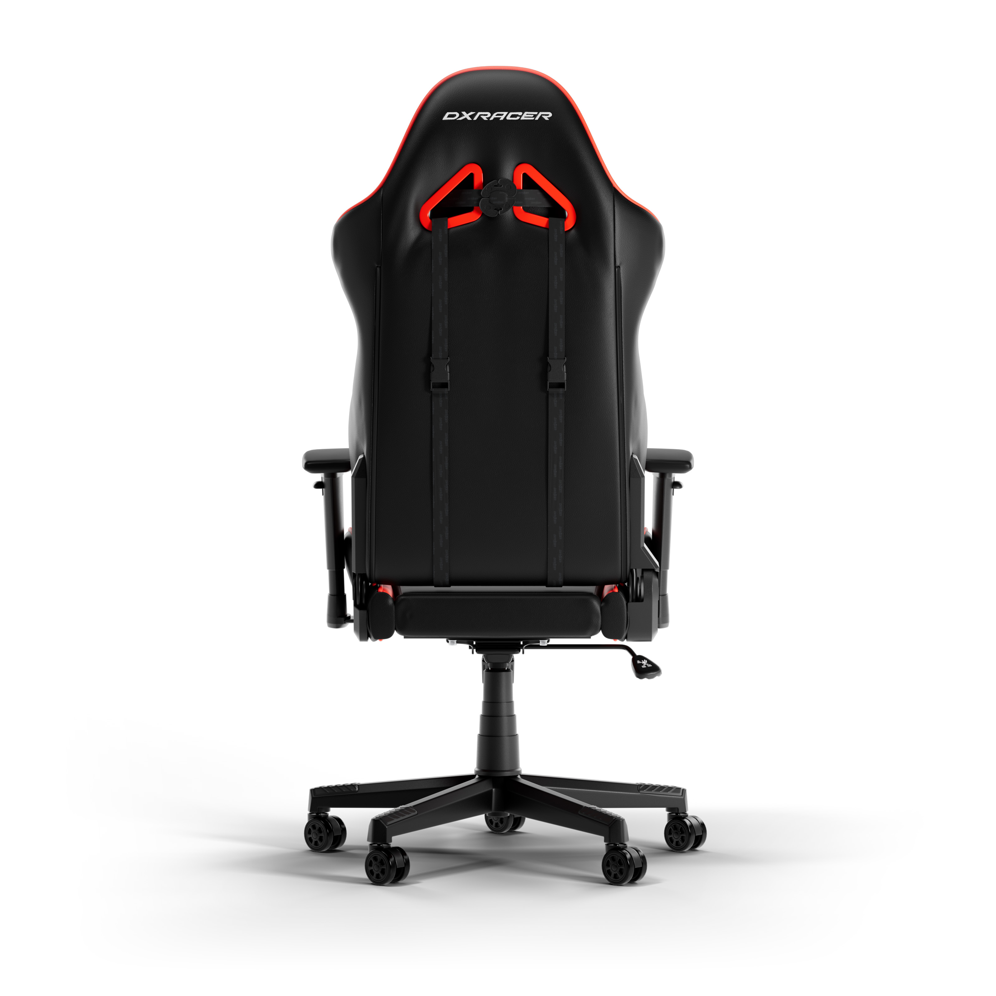 Gaming-Stuhl Rückansicht auf weißem Hintergrund. Schwarz mit roten Akzenten, DXracer-Logo und verstellbaren Gurten.