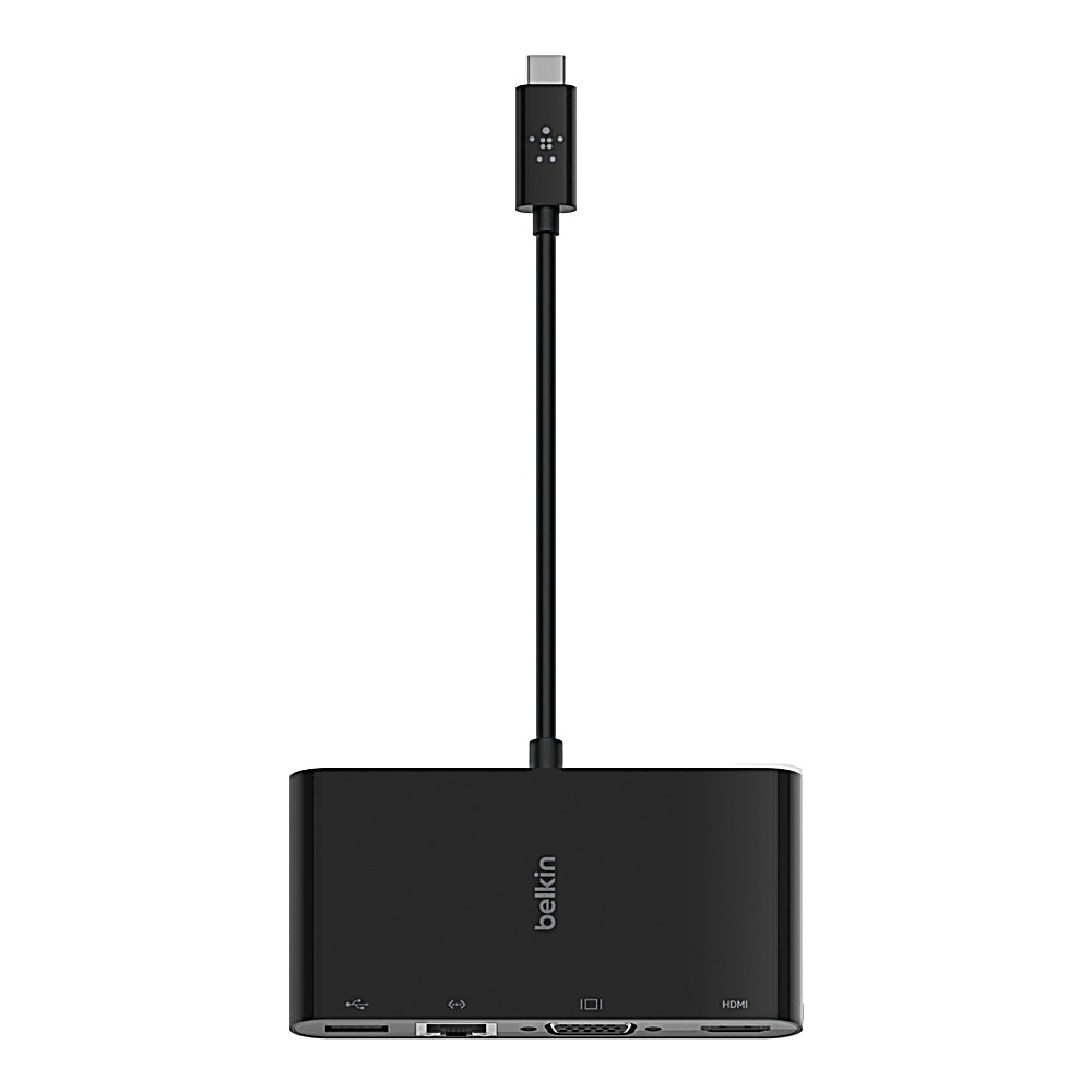 Hub USB-C Belkin nero con più porte e un cavo, su sfondo bianco. Porte HDMI e USB visibili.