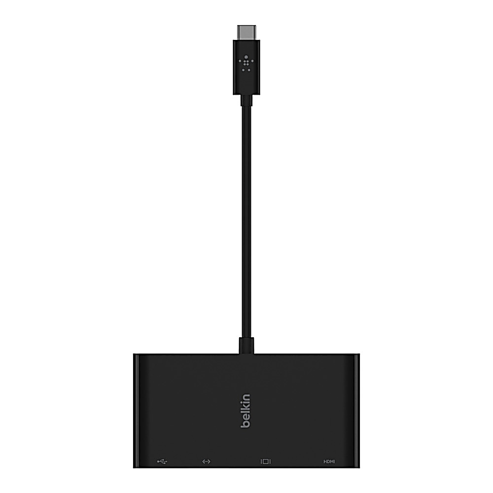 Un adattatore nero con un cavo USB-C e porte. Si trova su uno sfondo bianco.