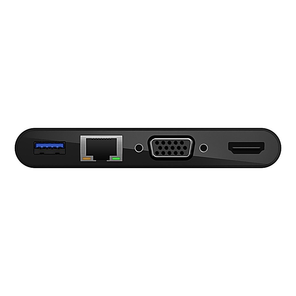 Hub USB-C nero con diverse porte, tra cui USB, Ethernet, VGA e HDMI, su sfondo bianco.