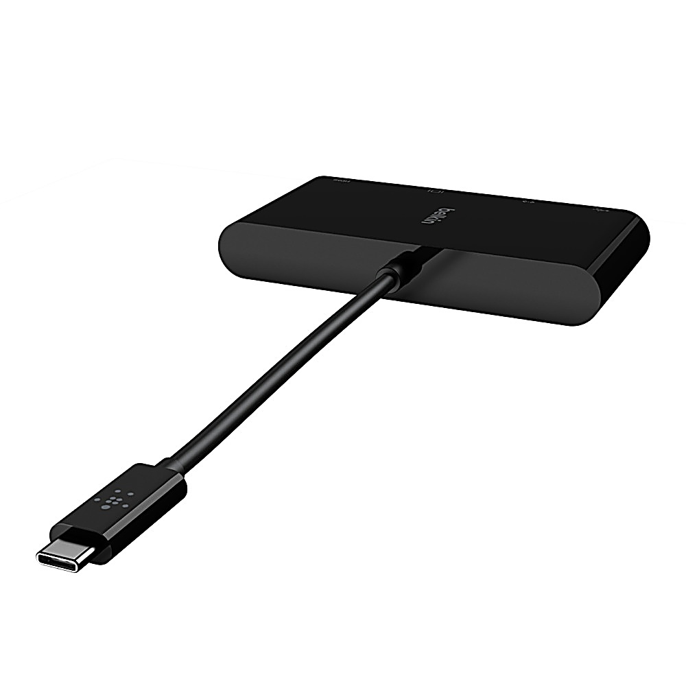 Hub USB-C Belkin nero con cavo, su sfondo bianco. Mostra più porte e un connettore USB-C.