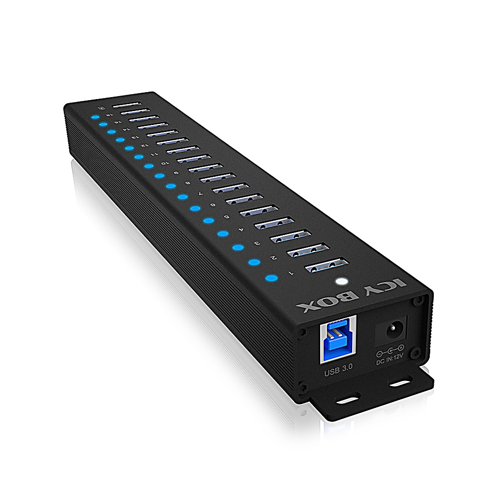 Hub USB 3.0 nero con più porte. Testo: 'ICY BOX USB 3.0'. Sfondo bianco.