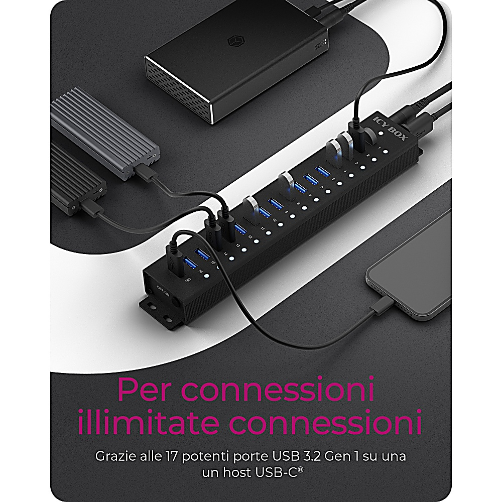 Hub USB nero con più dispositivi collegati. Il testo dice 'Per connessioni illimitate'.