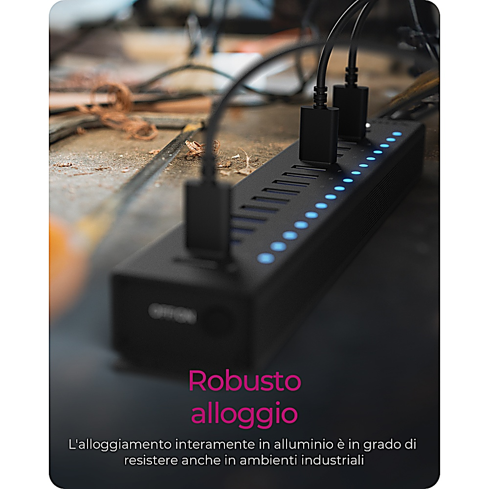Hub USB nero con più porte, cavi collegati. Il testo indica un robusto alloggiamento in alluminio.