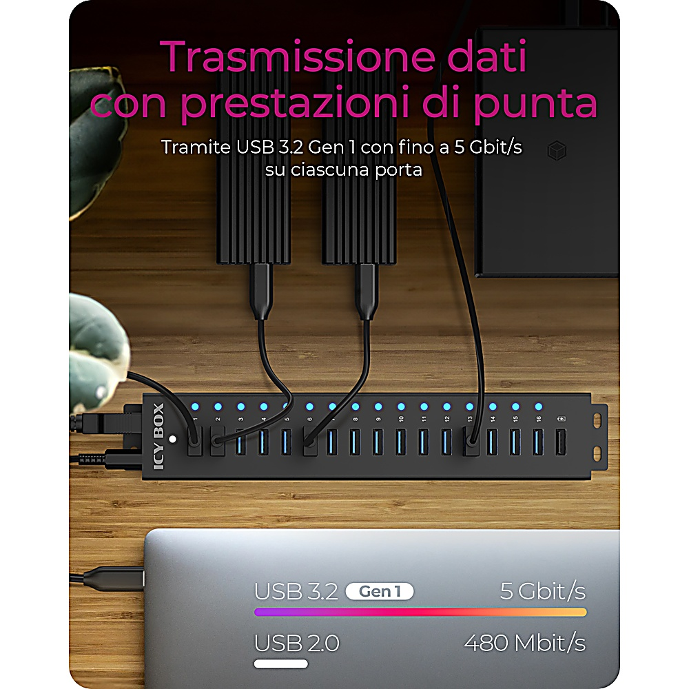 Hub USB nero con più porte, collegato a un laptop. Il testo spiega le velocità USB 3.2 Gen 1 e USB 2.0.
