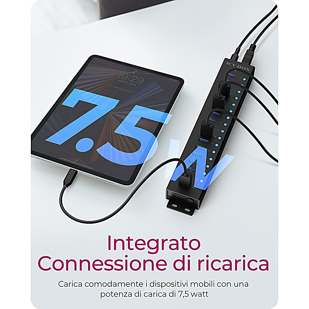 Tablet che mostra '7.5W' e un hub di ricarica con più porte.