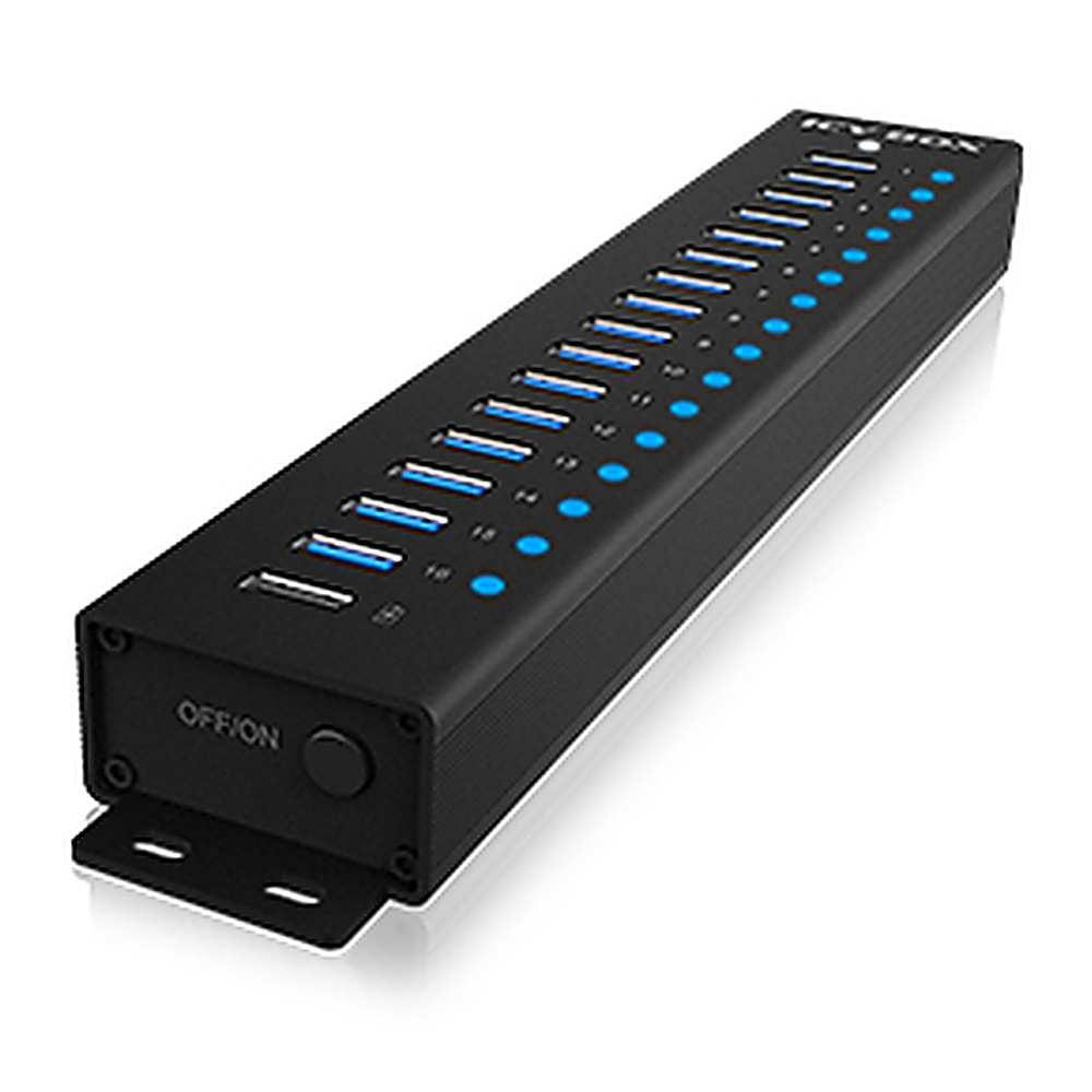Hub USB nero con più porte USB. Luci blu indicano connessioni attive. Sfondo bianco.