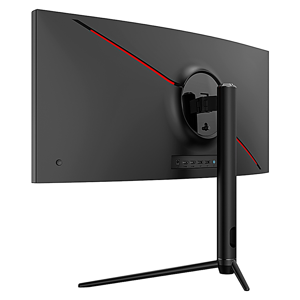 Tył czarnego zakrzywionego monitora z czerwonymi akcentami. Widoczne porty i stojak.