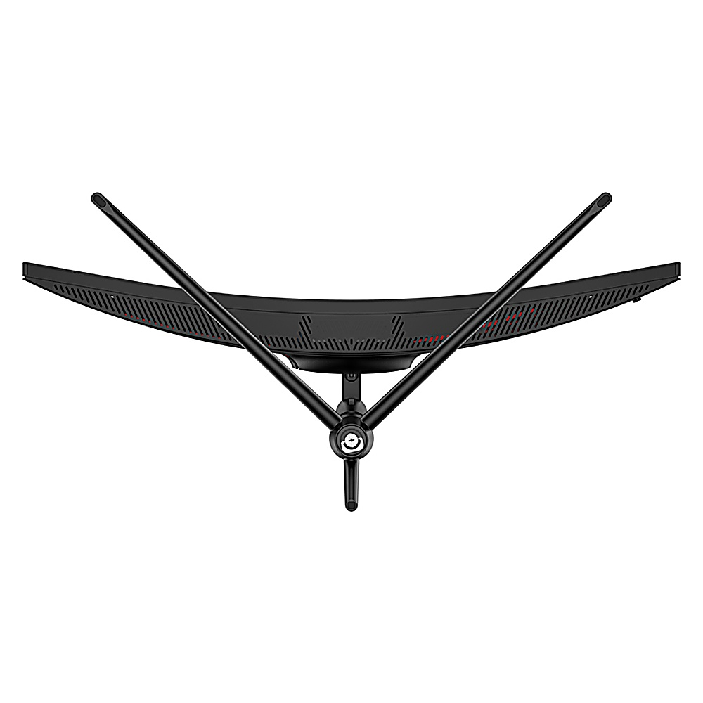 Widok z góry na czarny zakrzywiony monitor ze stojakiem. Widoczne czerwone akcenty.