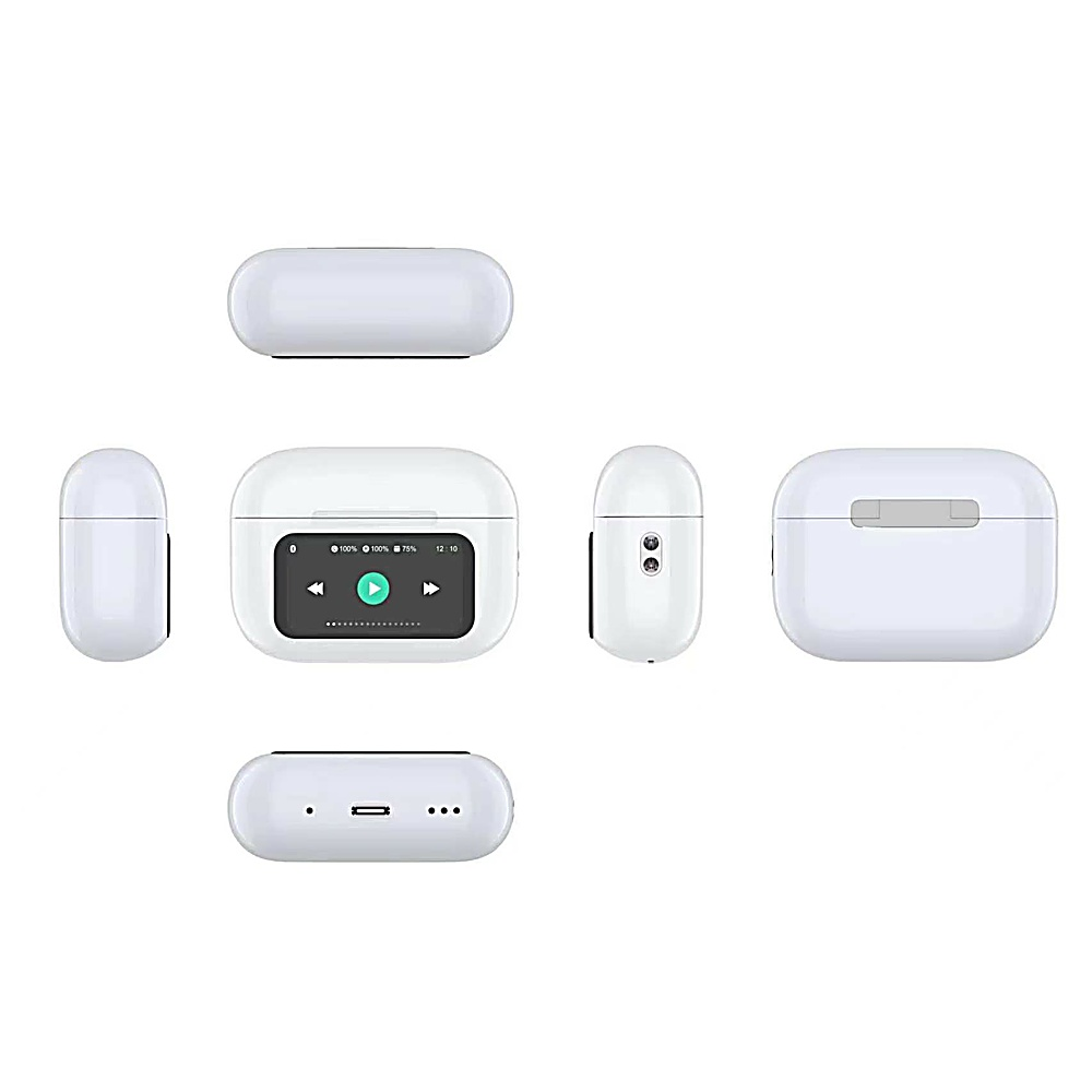 Estuche de carga blanco con múltiples vistas. El estuche tiene una pequeña pantalla y botones. Los auriculares no están conectados.