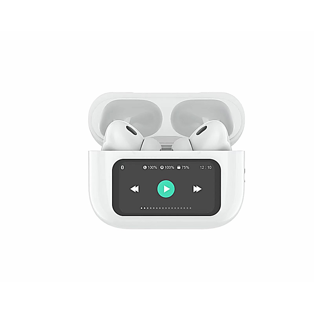 Auriculares blancos dentro de un estuche de carga blanco con una pequeña pantalla que muestra controles de reproducción y niveles de batería.