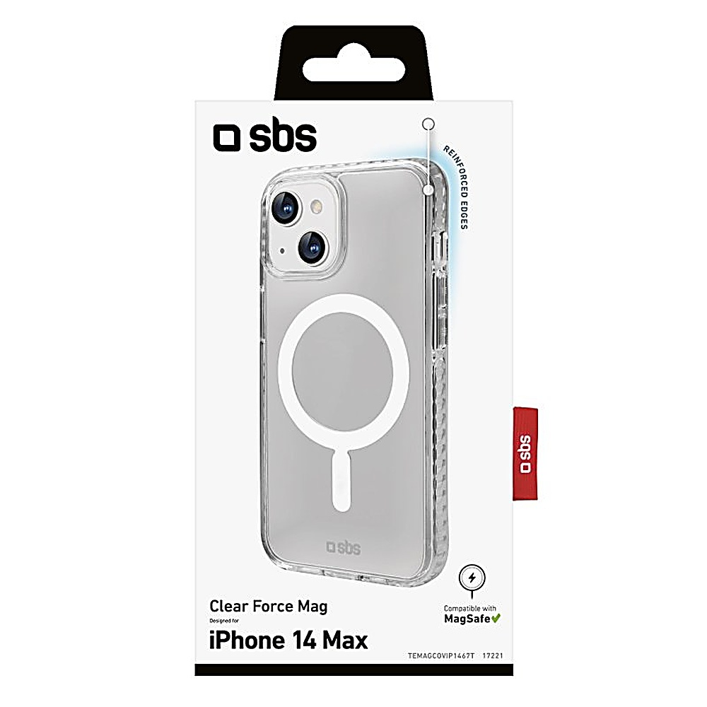 Custodia trasparente per iPhone 14 Max in una scatola. La custodia è trasparente e ha un anello MagSafe bianco.