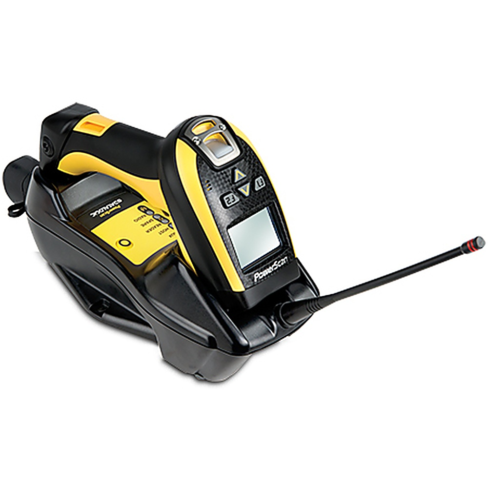 Scanner di codici a barre nero e giallo con schermo e antenna. Sfondo bianco.