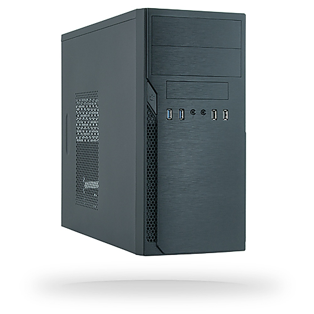 Case per computer grigio scuro con porte frontali. Ha un pannello laterale a rete.
