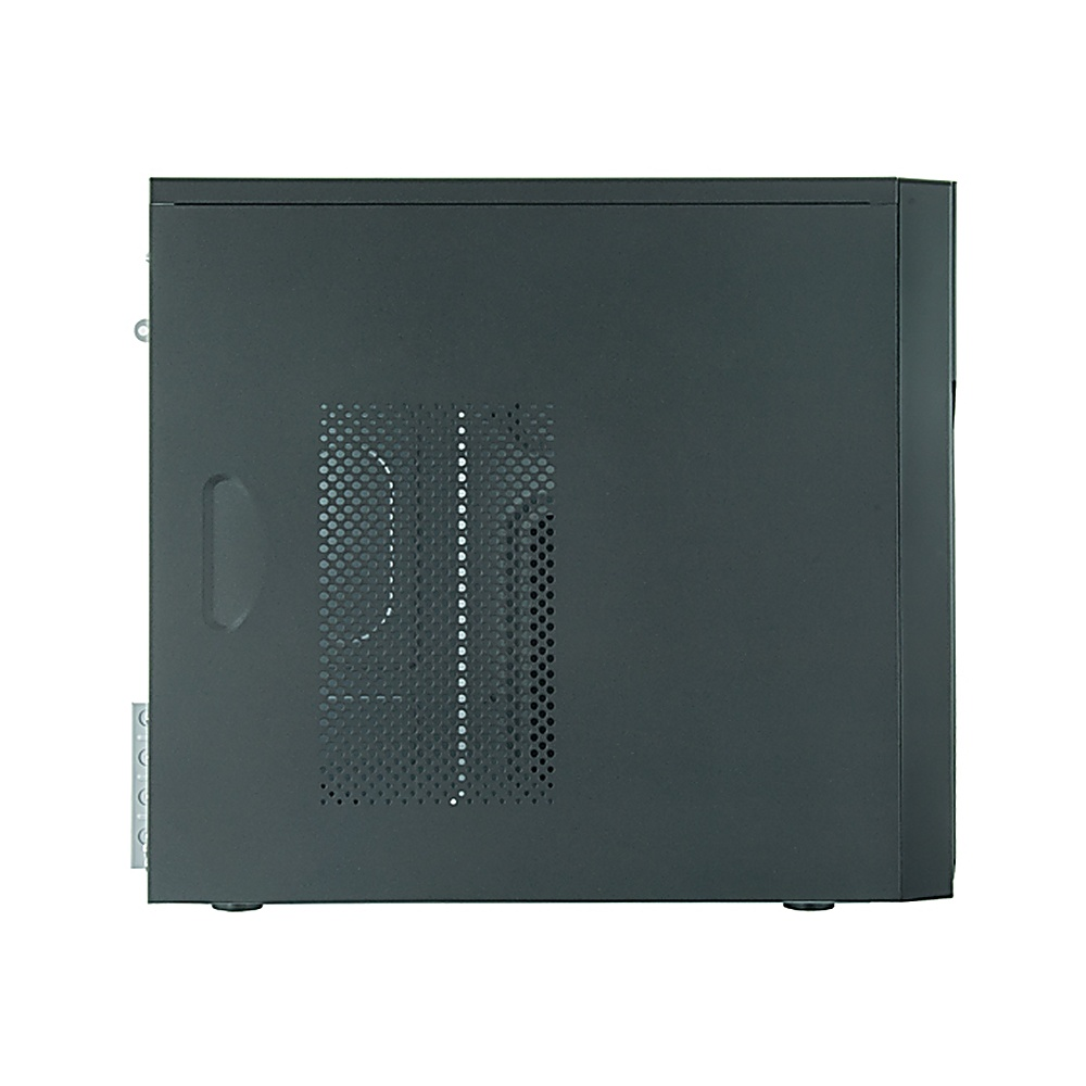 Case nero per computer su una superficie bianca. Vista laterale, con fessure di ventilazione.