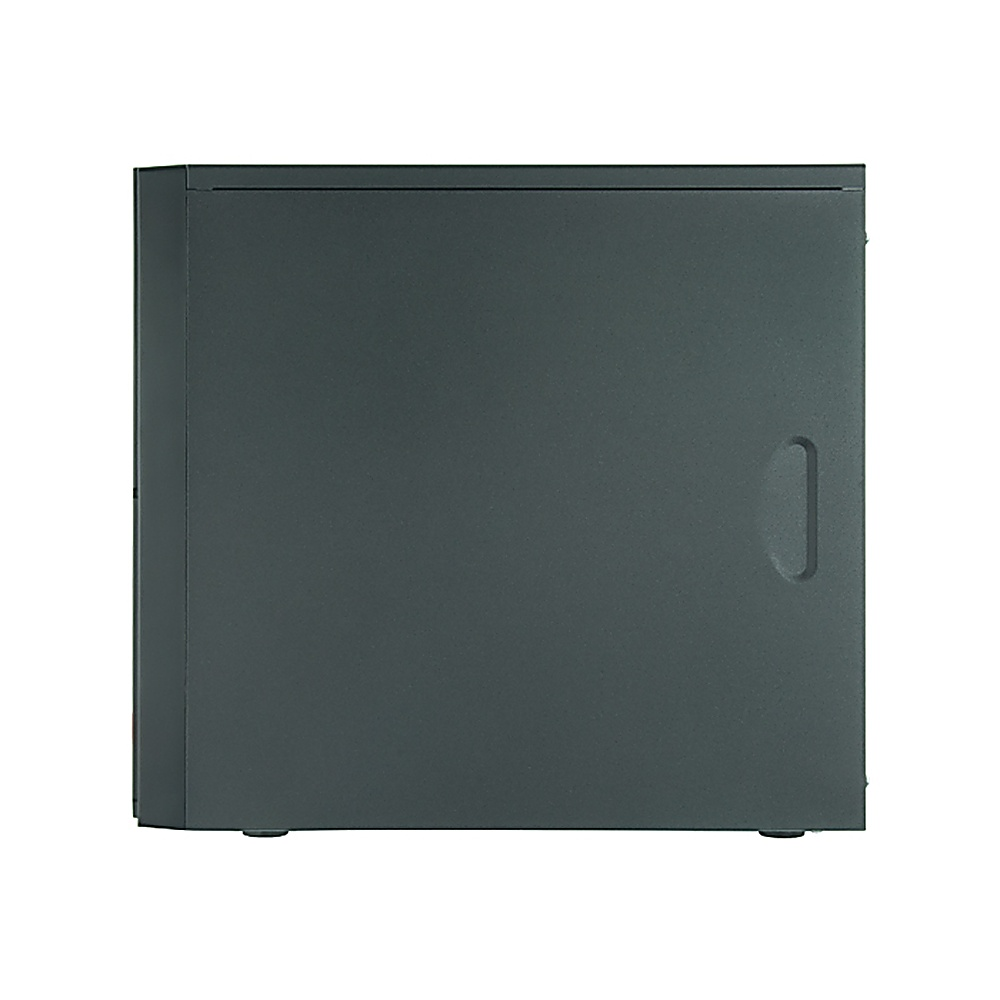 Lato del case del computer grigio scuro con maniglia. Sfondo bianco. Immagine ben illuminata.