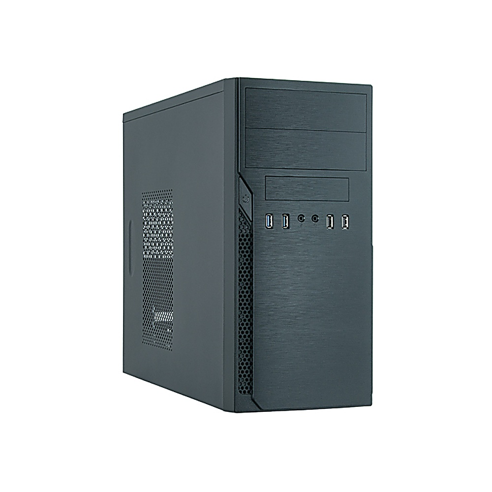 Case per computer grigio scuro con porte frontali. Ha un pannello laterale a rete.