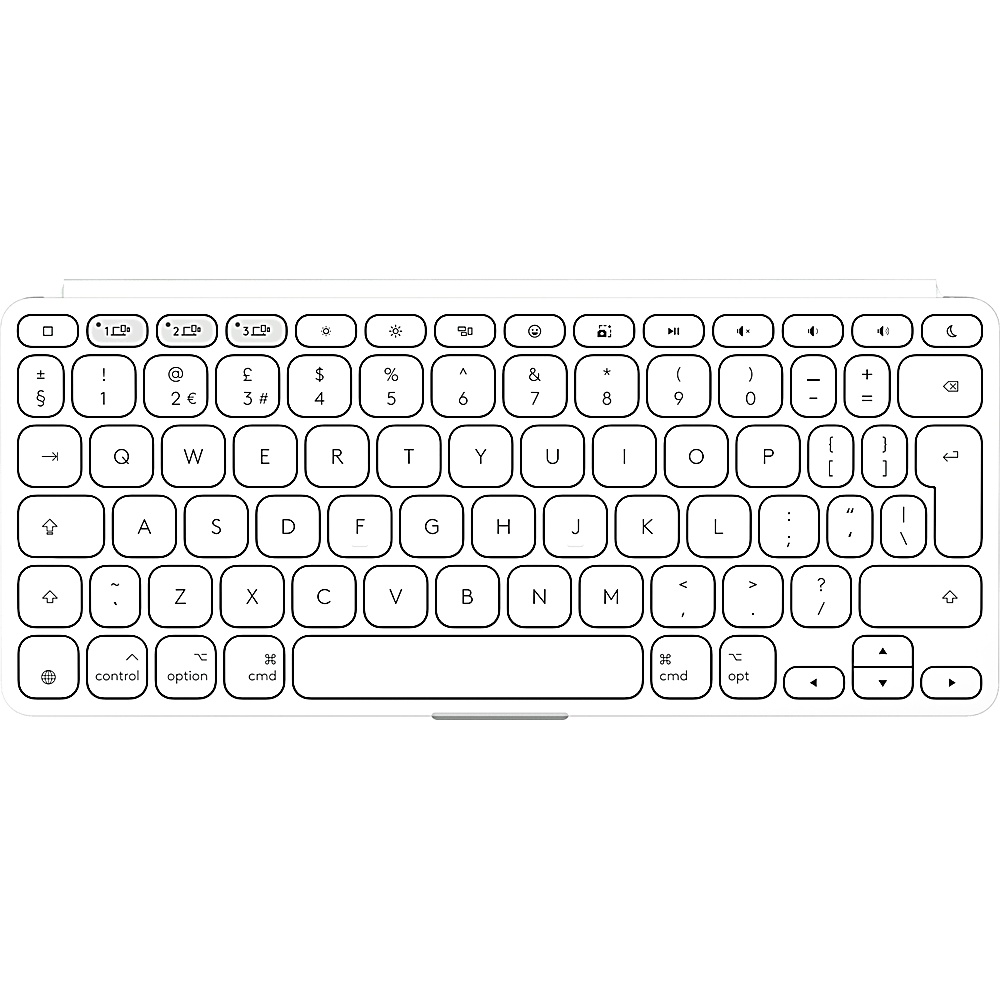 Weiße Tastatur mit weißen Tasten und schwarzen Buchstaben. Es hat ein schlichtes Design mit silbernem unteren Rand.