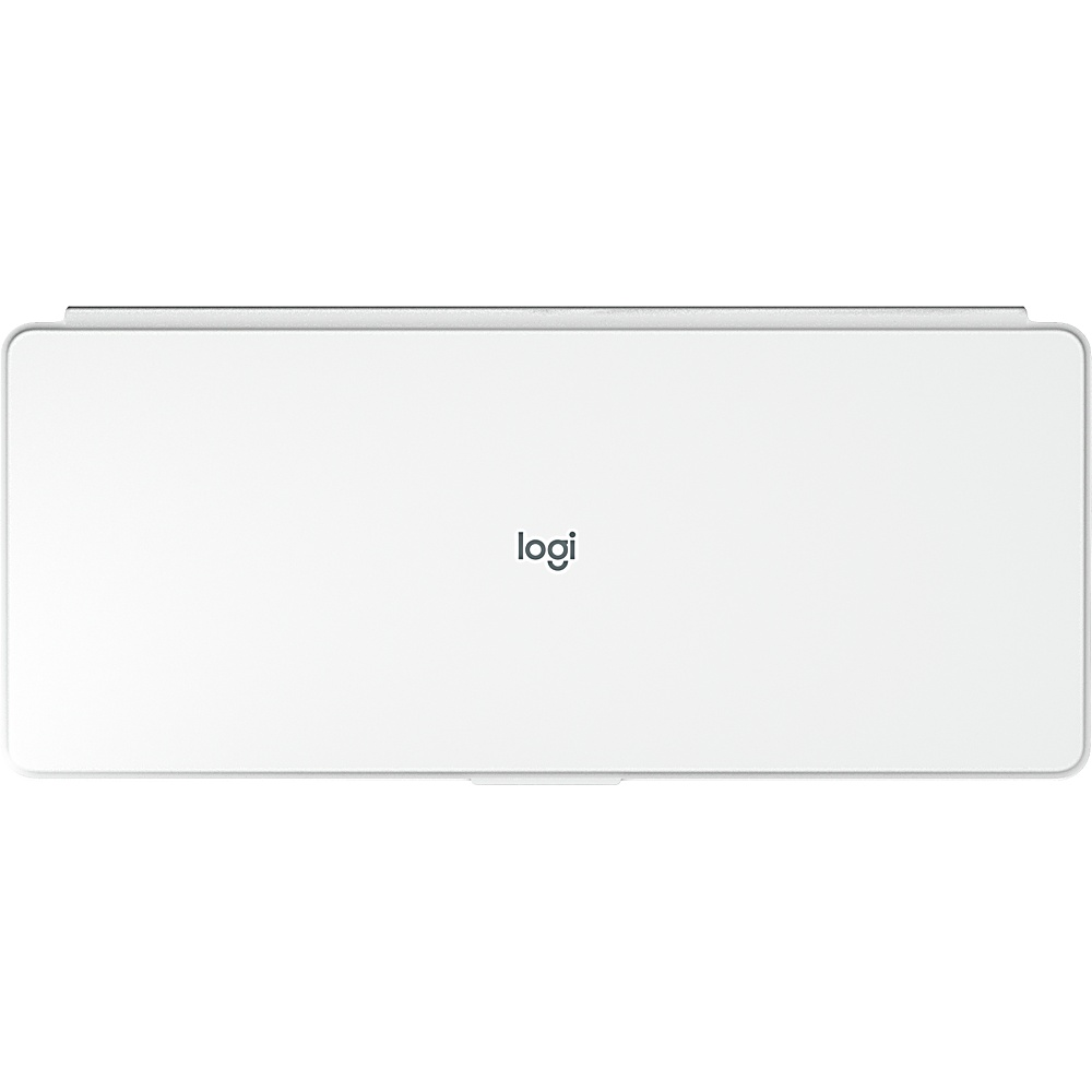 Weiße Tastatur. Das Wort 'logi' ist mittig gedruckt.
