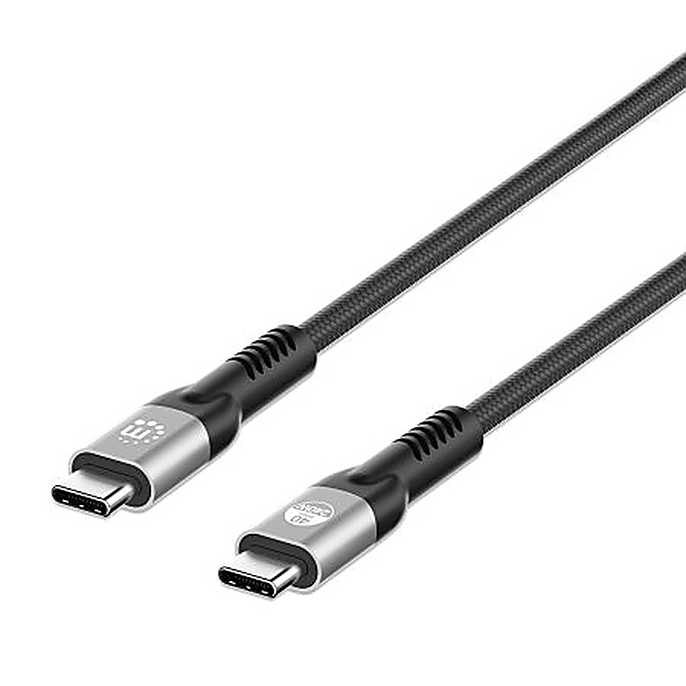 Due cavi USB-C neri. Connettori argentati, sfondo bianco.