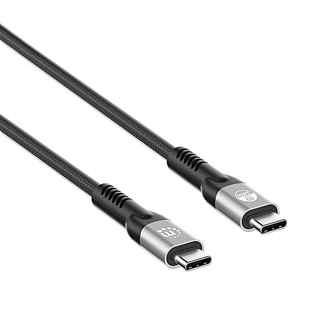Due cavi USB-C neri. Connettori argentati, sfondo scuro.