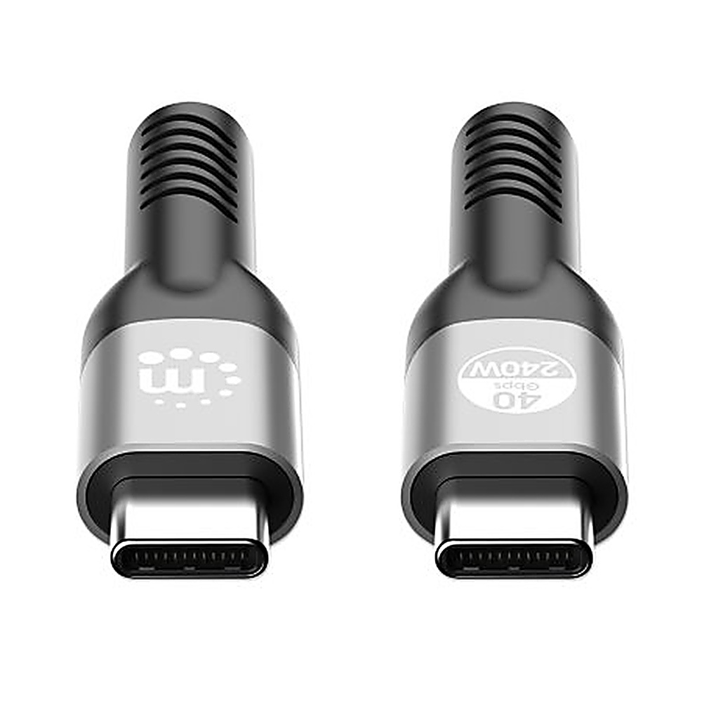 Due estremità di cavo USB-C argentate. Cavo nero, sfondo bianco.