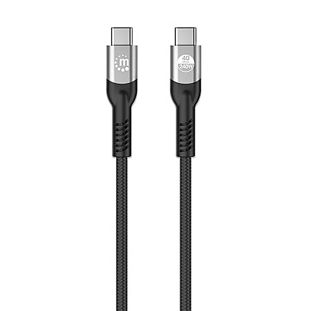 Due cavi USB-C, nero e argento. Sfondo bianco.