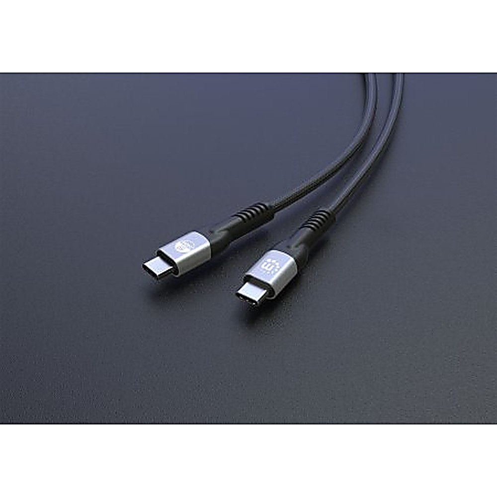 Due estremità di cavo USB-C, argento. Cavo nero, sfondo scuro.