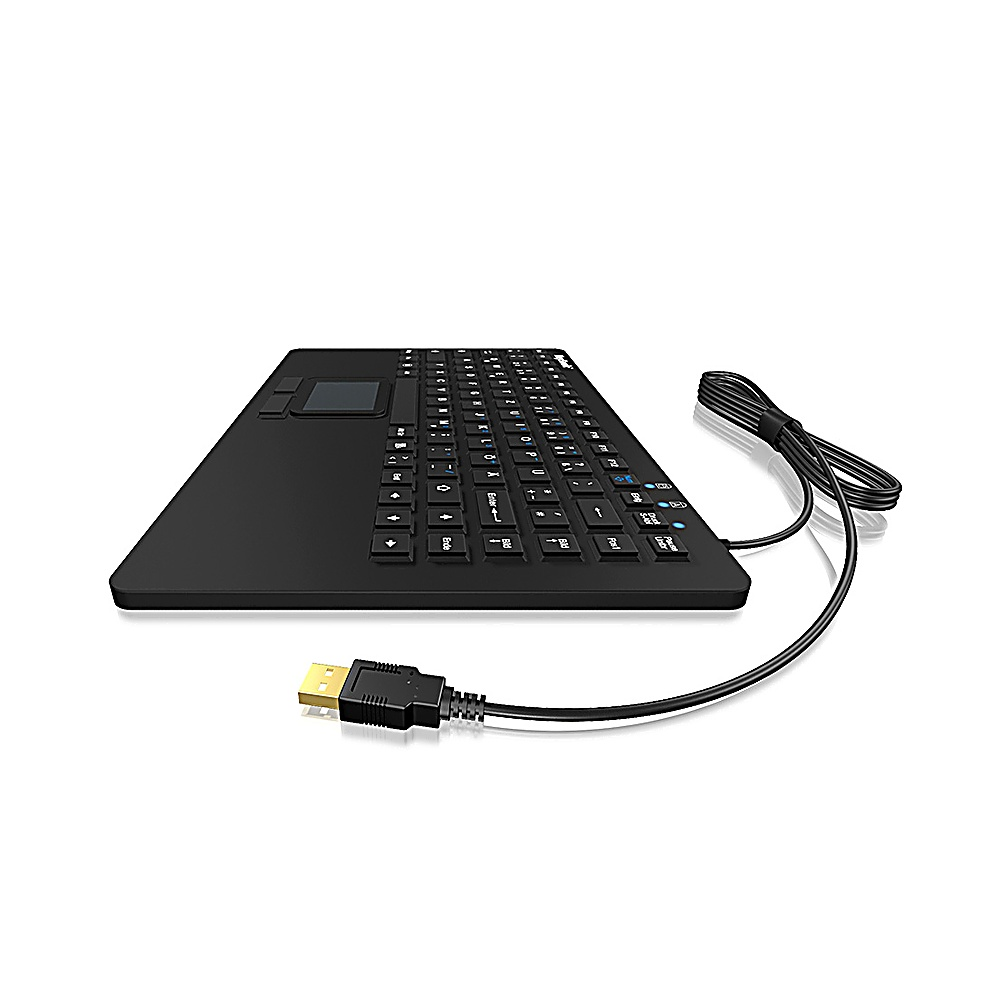 Black keyboard with touchpad and USB cable. White background, angled shot.