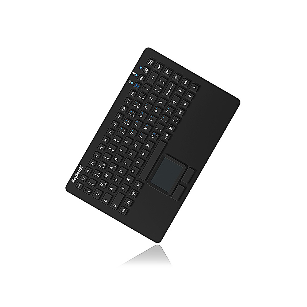 Black keyboard with a touchpad. Keys are labeled with white letters. The keyboard is on a white background.