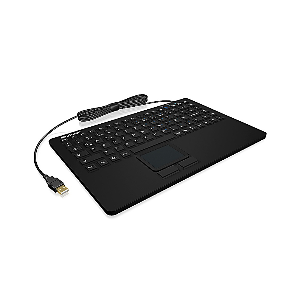 Black keyboard with a touchpad, connected to a USB cable. White background. Well-lit image.