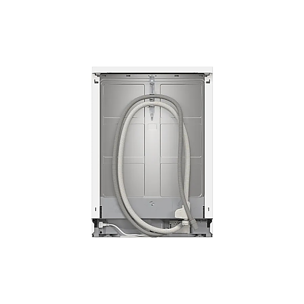 Parte trasera de un lavavajillas blanco con mangueras y metal interior.