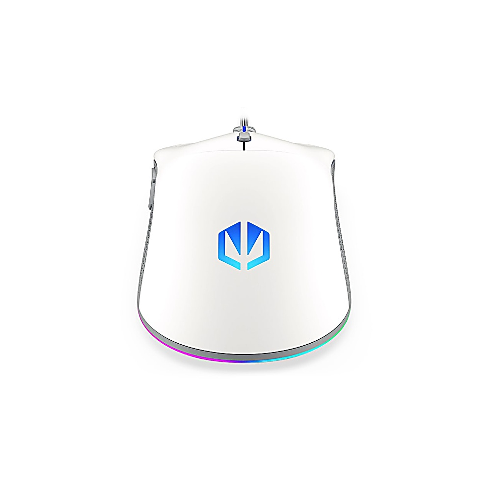 Biała mysz komputerowa z logo i oświetleniem RGB na białym tle.