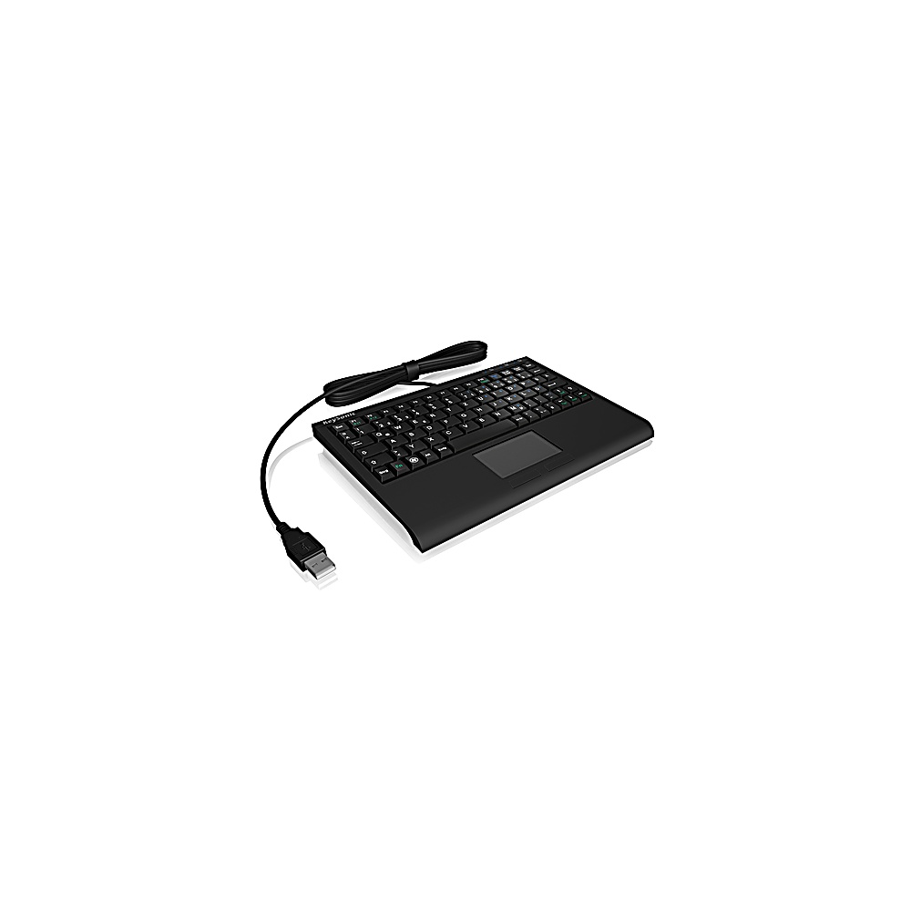Tastiera nera con trackpad integrato, collegata a un cavo USB.