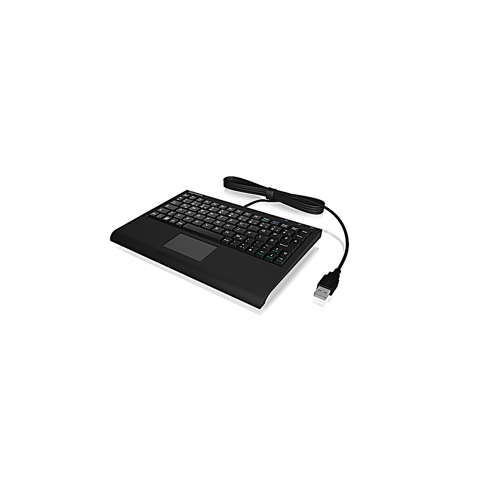 Tastiera nera con trackpad, cavo USB. Sfondo bianco.