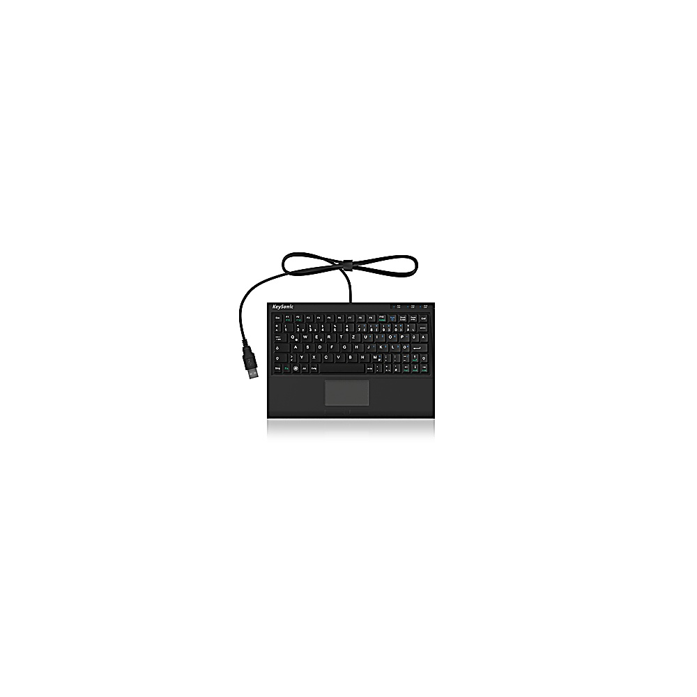 Tastiera nera con trackpad e cavo USB. Sfondo bianco.