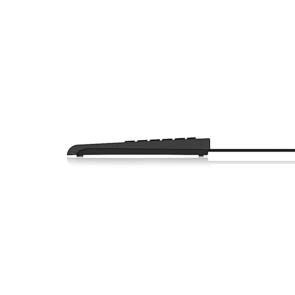 Profilo laterale della tastiera nera con cavo USB. Bianco e nero. Sfondo bianco.