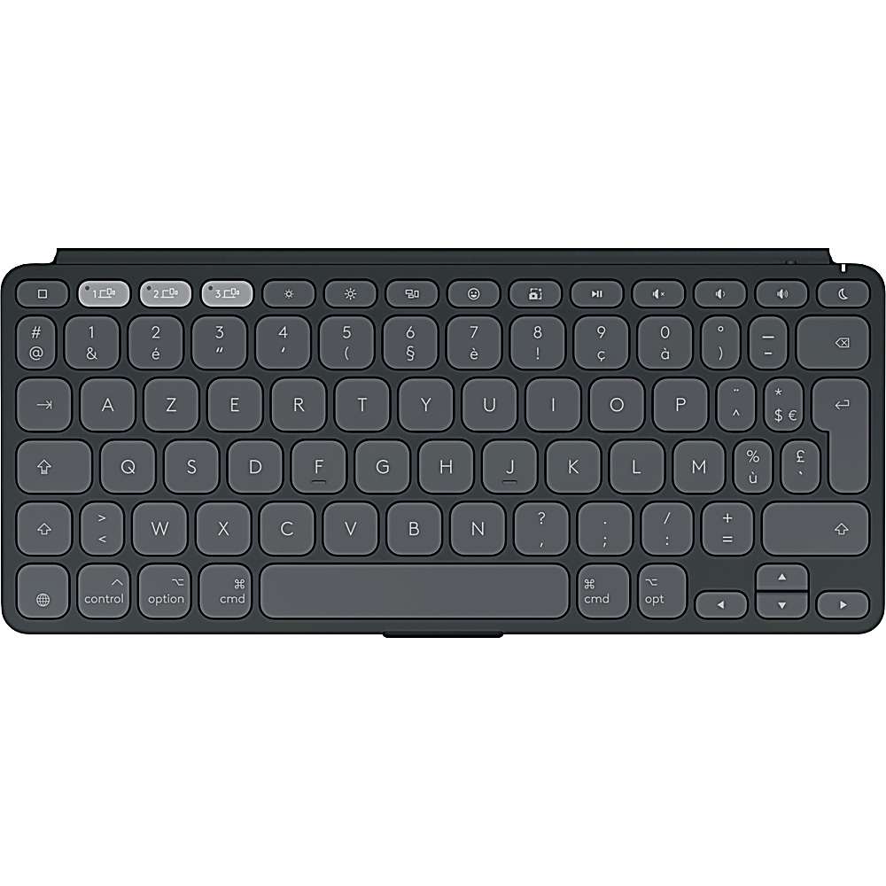 Dunkelgraue Kompakt-Tastatur mit weißen Tastenkappen und Funktionstasten.