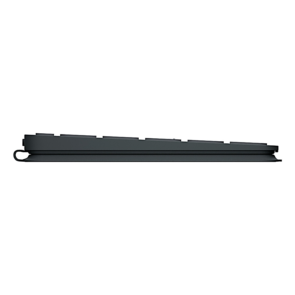 Schwarze Tastatur von der Seite. Es ist eine flache Tastatur. Die Tastatur befindet sich auf weißem Hintergrund.