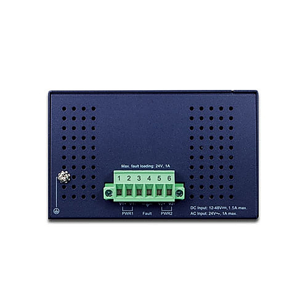 Appareil réseau bleu et noir avec plusieurs ports et connecteurs verts.
